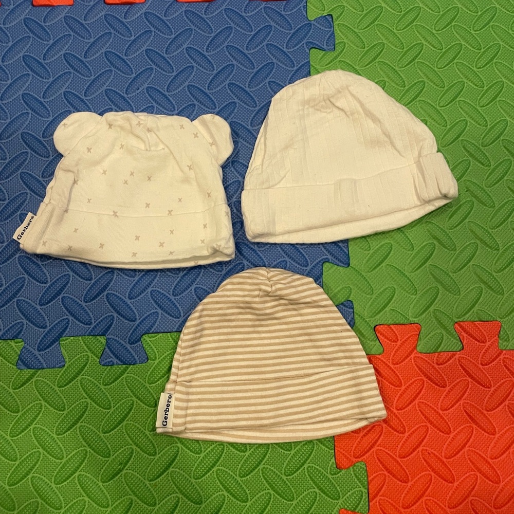 Gerber White and Tan Baby Hat Trio